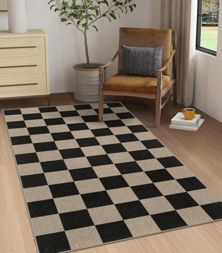 Easy Jute Checkered Area Rug, 3x5 Indoor Outdoor Entryway Rug Washable Black Checkerboard Kitchen Rugs, Non-Slip Modern Farmhouse Throw Carpet for Living Room Patio Kids Room - color: Black Checkered, size: 3' x 5' (Rectangular)