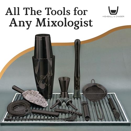 Highball & Chaser 13-Piece Gunmetal Black Stainless Steel Boston Cocktail Shaker Bar Tool Set with Mixology Bartender Kit Accessories - color: Gunmetal Black