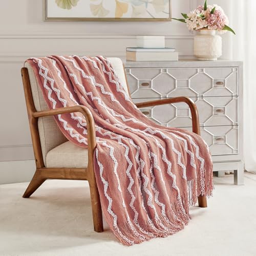 BOURINA Knitted Throw Blanket Boho Chenille Sofa Blanket,Pink 50x60Inch | Chenille Throw Blanket Textured Solid Soft Throws and Blankets for Sofa or Bed Knitted Decorative Blanket - color: A-coral Pink, size: 50"×60"