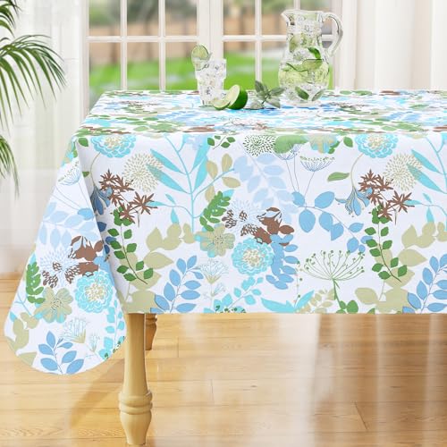 Rectangle Waterproof Vinyl Table Cloth, Wipeable Tablecloth with Flannel Backing, Plastic Table Cover for Dinner, Picnic, Indoor and Outdoor (Leaves, 52" x 70") - color: Blue and Green, size: 70" x 52" (Rectangular)