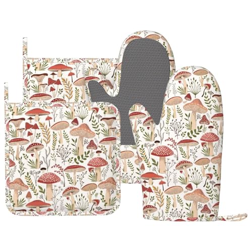 Mushroom Leaves Boho Plants Oven Mitts and Pot Holders Sets Silicone Mushrooms Kitchen Oven Mitts Hot Pads Heat Resistant Vintage Mushrooms Potholders Kitchen Mitts Set for Baking Cooking - color: Beige Red