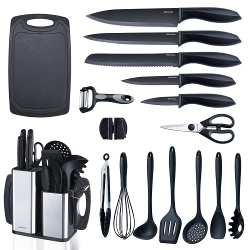 Kitchen Utensils Set,18-Piece Cooking Utensils and Knife Set,Black | Food-grade Silicone Heat-safe to 410°F, Detachable Stainless Steel Holder, 5 Kitchen Knives and Cutting Board All-in-one - color: Black