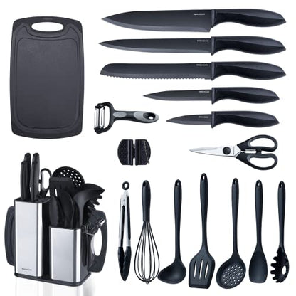 Kitchen Utensils Set,18-Piece Cooking Utensils and Knife Set,Black | Food-grade Silicone Heat-safe to 410°F, Detachable Stainless Steel Holder, 5 Kitchen Knives and Cutting Board All-in-one - color: Black