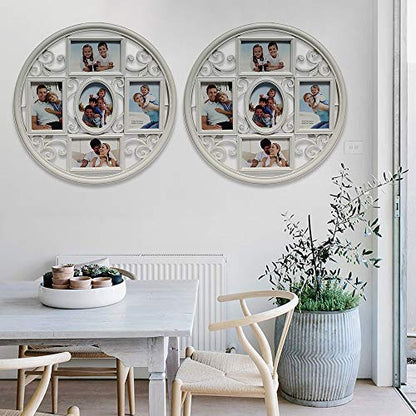 MKUN 2Pack of 4x6 Wall Photo Collage Frames - Round Circular Circle Wall Hanging Picture Collage Frame with Leaf Decoration, 5- Opening (White) - color: White