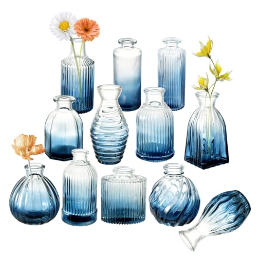 Bud Vases Set of 12, Gradient Blue Glass Vase Vintage Flower Vase for Decor Ribbed Small Bud Vases in Bulk Cute Wedding Birthday Party Centerpieces Table Decoration Home Decor - color: Gradient Blue, size: 1 Pack