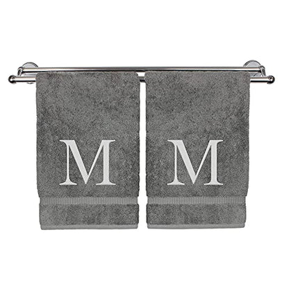 Monogrammed Hand Towel, Personalized Gift, Set of 2- Silver Block Letter Embroidered Towel - Extra Absorbent 100% Turkish Cotton - Soft Terry Finish - Initial M Gray - color: Gray & Silver, size: Initial M