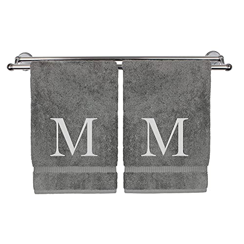 Monogrammed Hand Towel, Personalized Gift, Set of 2- Silver Block Letter Embroidered Towel - Extra Absorbent 100% Turkish Cotton - Soft Terry Finish - Initial M Gray - color: Gray & Silver, size: Initial M