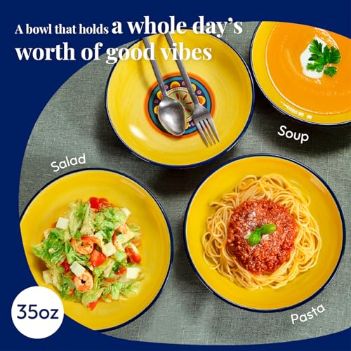 Bico Tunisian Pasta Bowls, 35oz Salad Bowl Set of 4, Large Ceramic Serving Dinner Bowls for Soup and Cereal, Microwave and Dishwasher Safe, Gift for Housewarming and Thanksgiving - color: Tunisian