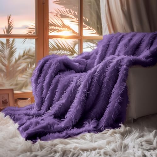 Hyde Lane Purple Fuzzy Throw Blanket, 2 Way Reversible Ultra Soft Long Faux Fur Throws, Shaggy Cozy Fluffy Blankets for Couch Sofa Home Decor, 60x80 - color: Purple, size: 60x80"
