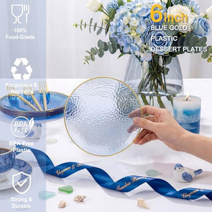 Rubtlamp 200 Pcs Blue Dessert Plates, 6 Inch Gold Rim Hammered Appetizer Plates WIth Gold Dessert Fokrs, Small Fancy Salad Plates Include 100 Cake Plate 100pcs 6inch Forks for Party Bridal Teatime - color: Blue gold