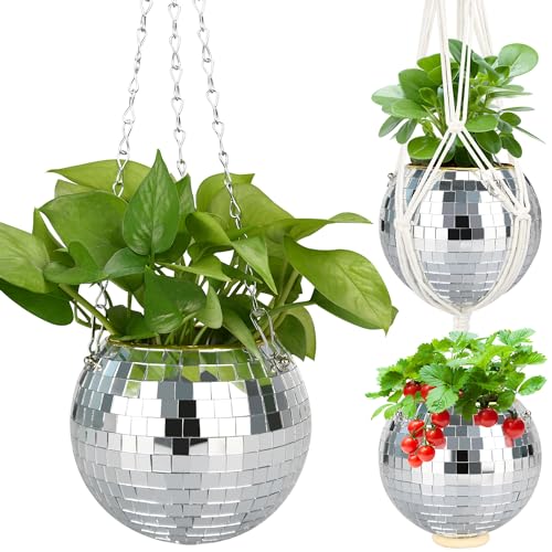 6" Disco Ball Plant Hanger with Hanging Rope, Hanging Chain, Hook, Circle | for Decoration - color: 1×6" Silver