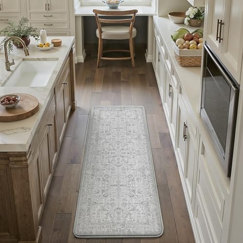 Kitchen Mats for Floor Anti Fatigue Cushioned Gray Vintage Kitchen Mats Waterproof Non Slip Comfort Standing Grey Retro Floral Runner Rug for Sink Laundry Office Bathroom 17.3"x59" - color: Accent | Grey, size: 17.3"x59"--0.4inch