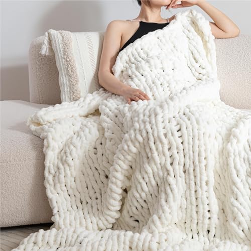 Chunky Knit Blanket Throw for Couch 50"×60" Cream | 100% Handmade Knitted Throw Blanket Fluffy Soft Blanket with Jumbo Chenille Yarn Thick - color: Cream, size: 50"*60"