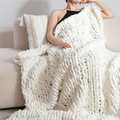 Chunky Knit Blanket Throw for Couch 50"×60" Cream | 100% Handmade Knitted Throw Blanket Fluffy Soft Blanket with Jumbo Chenille Yarn Thick - color: Cream, size: 50"*60"