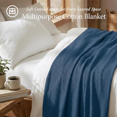 Threadmill Luxury Cotton Blankets for Twin Size Bed | All-Season 100% Cotton Twin Blanket for Bed | Herringbone Soft & Cozy Fall Thermal Blanket, 350GSM, 68x92 inches | Folkstone Blue | 100% Cotton, Herringbone Pattern, 350 GSM, 68x92 in, Breathable, All-
