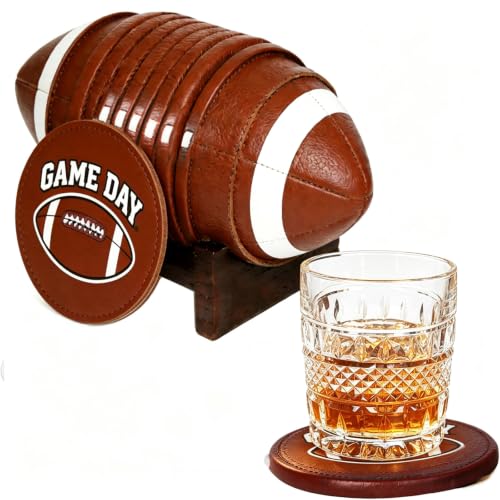 Football Coasters - 6 Full-Size Gridiron Rustic American Football Coasters | Non-Slip for Log Cabin, Man Cave, Bar & Farmhouse Decor | Protect Furniture - style: Football