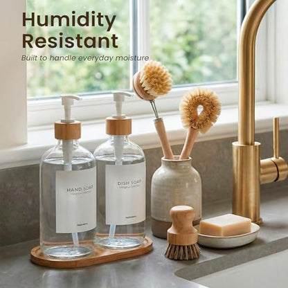 MaisoNovo Glass Dish Soap Dispenser for Kitchen Set of 2-16.9oz Clear Dish and Hand Soap Dispenser Set for Kitchen - Clear Glass Bottles x 2 with White Bamboo Pumps & Tray - color: Clear Bottles/White Bamboo Pumps