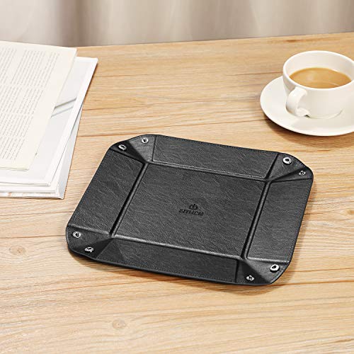 SITHON Valet Tray Desktop Storage Organizer PU Leather Catchall Tray | Bedside Nightstand Caddy Dice Holder for Keys, Phone, Wallet, Coin, Jewelry, Traveling and More, Black