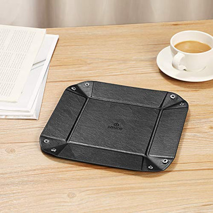 SITHON Valet Tray Desktop Storage Organizer PU Leather Catchall Tray | Bedside Nightstand Caddy Dice Holder for Keys, Phone, Wallet, Coin, Jewelry, Traveling and More, Black