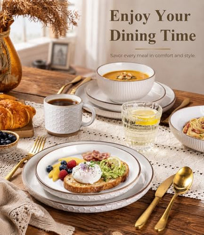 GBHOME Stoneware Dinnerware Set for 4, 12 piece Farmhouse Plates and Bowls | Elegant Embossed Ceramic Dish Set, Scratch Resistant, Microwave & Dishwasher Safe, Off white - color: Off White-Mixed Texture