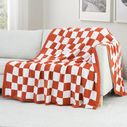 Carriediosa Checkered Throw Blanket 90x90, 400GSM Ultra Soft Microfiber | Rust, Queen, Fuzzy Fluffy Cozy Plush Knitted Plaid Checker, Lightweight Cute Preppy Fall Blankets & Throws for Couch, Bed - color: Check - Rust, size: 90" X 90"