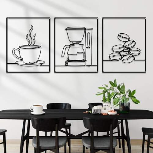 3 Pcs Metal Kitchen Wall Art Line 14x11,Coffee,Black | Minimalist Line Art with Coffee Corner, Rustic Decor for Dining Living Bathroom, Metal Frame on Black - color: Black, style: Coffee