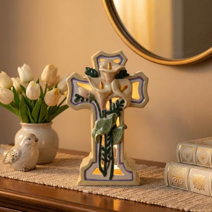 Blue Sky Clayworks Lily Cross Tealight Holder, 5.75-inch Length x 3.75-inch Width
