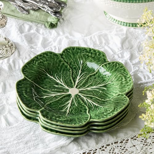Le Jardin Green Cabbage Plates - Dinner, SET OF FOUR -11" Sculpted Green Stoneware Leaf Plates – Seasonal Garden-Inspired Tableware for Spring & Summer Dining and Entertaining - size: Large