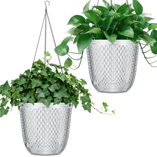 QCQHDU Hanging Planters for Indoor Plants, 2-Pack, 7.2 Inch, Clear | Plastic, Self Watering Plant Hanger, with Drainage Holes, 3 Hooks Chains, For Garden Home - color: Clear, size: 7.2in
