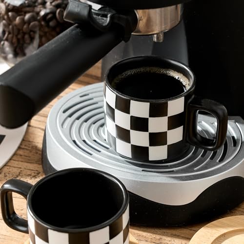 LUKA Porcelain Stackable Black and White Checkered Espresso Cups with Saucers and Metal Stand, 4 Ounce Small Ceramic Demitasse Cups Set for Coffee Drinks, Latte, Tea - Set of 4, Black Interior - color: 4BKG-Black & White