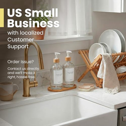 MaisoNovo Glass Dish Soap Dispenser for Kitchen Set of 2-16.9oz Clear Dish and Hand Soap Dispenser Set for Kitchen - Clear Glass Bottles x 2 with White Bamboo Pumps & Tray - color: Clear Bottles/White Bamboo Pumps