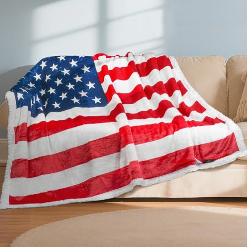 Tirrinia American Flag Blanket Sherpa Fleece Throw, Patriotic Blanket for 4th of July, Veterans Day, USA Decorations, Red White and Blue Reversible Soft Army Gift for Bed Couch Sofa 50"x60" - color: American Flag