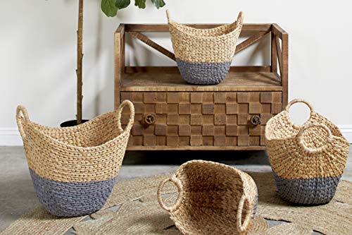 CosmoLiving by Cosmopolitan Large, Oval, Natural and Gray Dip-Dyed Water Hyacinth Wicker Storage Baskets with Round Handles | Set of 4: 19” x 18”, 17” x 15”, 16” x 14”, 14” x 12”