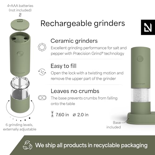 LARS NYSØM Electric Salt and Pepper Grinder Set I Automatic Salt and Pepper Mills with Adjustable Ceramic Grinder I AAA-Battery Operated Electric Spice Mill Set (Sage Green) - color: Sage Green