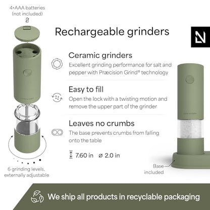 LARS NYSØM Electric Salt and Pepper Grinder Set I Automatic Salt and Pepper Mills with Adjustable Ceramic Grinder I AAA-Battery Operated Electric Spice Mill Set (Sage Green) - color: Sage Green