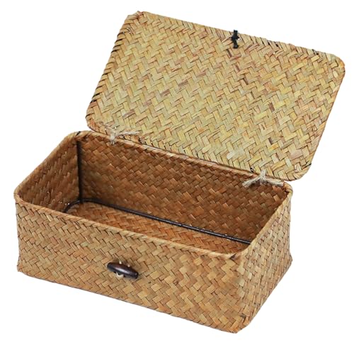 Wicker Storage Basket with Lid, Seagrass Storage Baskets for Organizing | Rectangular Woven Basket for Storage, Decorative Boxes Bins with Lid Home Organizer Decor, Small Storage Box, Shelf Organizer - color: Natural, size: 9.05" x 5.11" x 3.34"