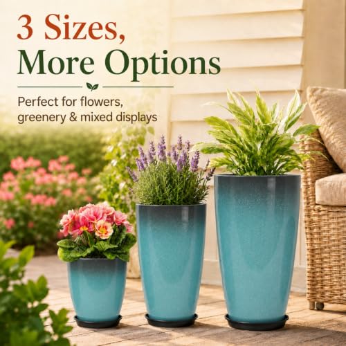 Neoaider Set of 3 Tall Planter, 24/21/12in Large Plastic Planter, Sky Blue | Ceramic-Look, Lightweight, Built-in Drain Hole, Saucers, Tall Outdoor Planter for Porch, Garden, Patio, Balcony - color: Sky Blue