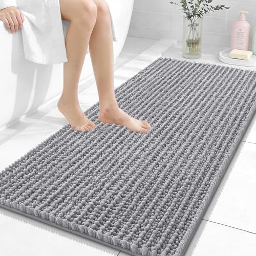 OLANLY Bathroom Runner Rugs 47x24, Thick Soft Absorbent Chenille Bath Rugs | Grey, Quick-Drying Rubber Backing, Long Shaggy Bath Mat, Machine Washable for Floor, Tub and Shower, Home Decor Accessories - color: Grey, size: 47" x 24"