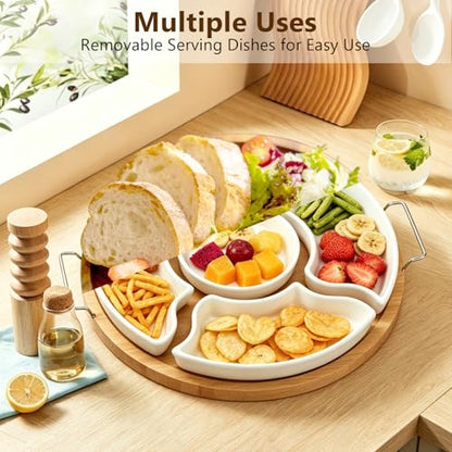 Ceramic Divided Serving Dishes with Bamboo Tray, 11.2 Inch | 360 Rotatable, Appetizer Serving Dish, For Chips & Dip