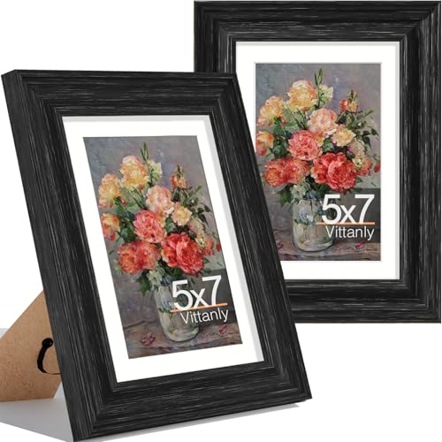 Vittanly 5x7 Picture Frames, Vintage Photo Frames, Distressed Black, 2 Pack | Display 4x6 Pictures with Mat or 5x7 without Mat, Rustic Frames with Plexiglass, Farmhouse Home Decor for Wall or Tabletop - color: Distressed Black, size: 5x7