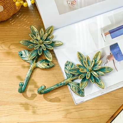 Sungmor 2 Pack Cast Iron Coat Hooks - Flower Shaped& Antique Green | Heavy Duty Wall Hook for Coats,Hats,Keys - Hanger for Entryway,Bathroom and Bedroom - color: Antique Green