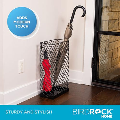 BIRDROCK HOME Decorative Umbrella Stand with Removable Water Tray - Large Metal Umbrella Rack and Cane Walking Stick Organizer for Entryway - Umbrella Holder for Indoor & Outdoor - Black, Diagonal - style: Diagonal