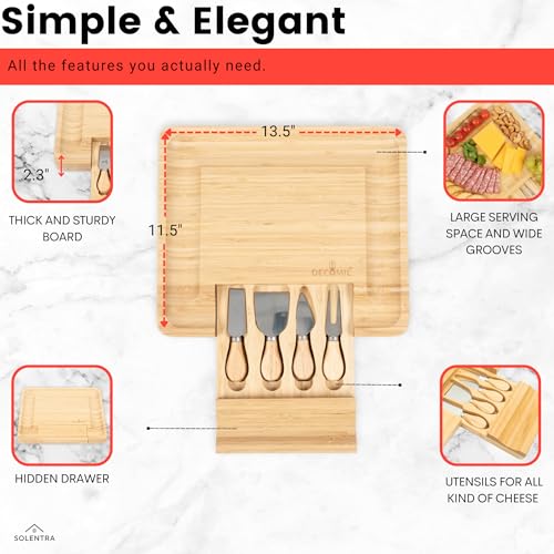 Bamboo Cheese Board with Knife Set – 13.5" x 11.5" Large Charcuterie Board with Hidden Utensil Drawer, Serving Platter for Wine & Appetizers
