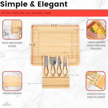 Bamboo Cheese Board with Knife Set – 13.5" x 11.5" Large Charcuterie Board with Hidden Utensil Drawer, Serving Platter for Wine & Appetizers