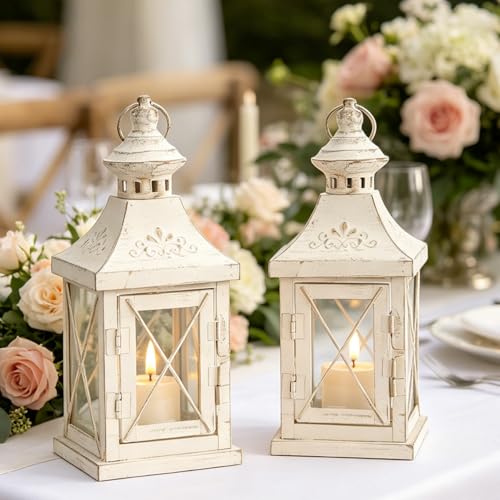 TRIROCKS Set of 2 Decorative Candle Lantern 11'' High Metal Candle Holder Hanging Lantern Perfect for Home Decor Halloween Living Room Parties Events Tabletop Indoors Outdoors (White with Gold Brush) - color: White