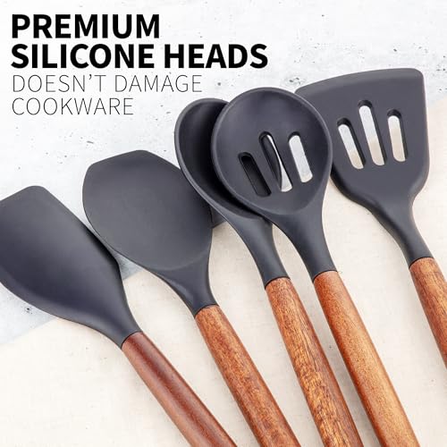 Zulay Kitchen 5 Piece Silicone Utensil Set | Non-Stick Silicone Cooking Utensils Set with Acacia Wood Handles - 464°F Heat Resistance Kitchen Utensils Set - Black - color: Black, size: 5-Piece Set