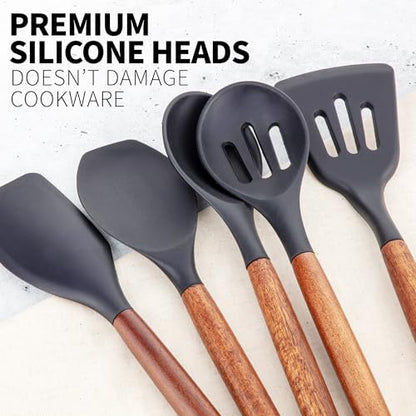 Zulay Kitchen 5 Piece Silicone Utensil Set | Non-Stick Silicone Cooking Utensils Set with Acacia Wood Handles - 464°F Heat Resistance Kitchen Utensils Set - Black - color: Black, size: 5-Piece Set