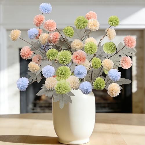 INQCMY Fake Fall Mums Artificial Kiku Flowers 20" Long Stem | 12 Bundles Realistic Faux Chrysanthemums for Vase, Look Real Silk Pompon for Living Room Wedding Centerpieces Indoor Decor - color: Yellow Blue Light Orange Deep Green