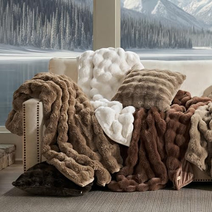 Faux Rabbit Fur Bubble Throw Blanket, 50"x60", Chestnut | Ultra Soft, Luxury Faux Rabbit Fur Throw, Thick Warm Bubble Blanket, Cozy Fluffy Reversible, for Bed, Couch, Chair, Sofa - color: Chestnut, size: 50"x60"