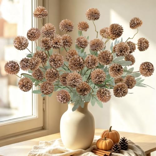 INQCMY Artificial Silk Mums 20" Faux Stem Kiku Flowers for Vase Home Decor | 12 Pcs Fake Chrysanthemums Brown Fall Flower, Realistic Pompon Balls for Indoor Living Room Thanksgiving Table Centerpieces - color: Coffee